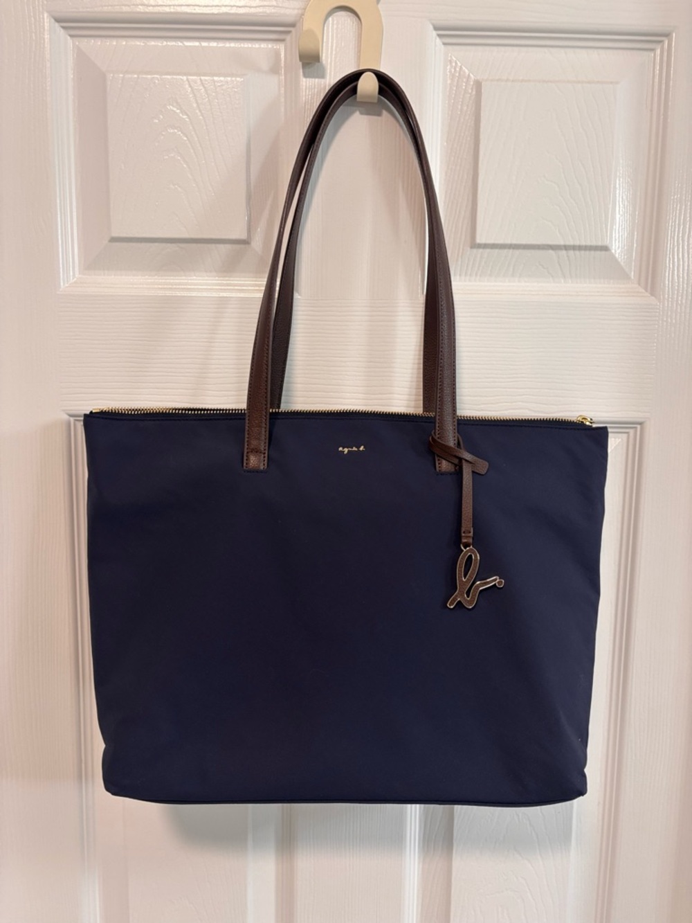 Agnes B. Navy Tote with Brown Leather Handles